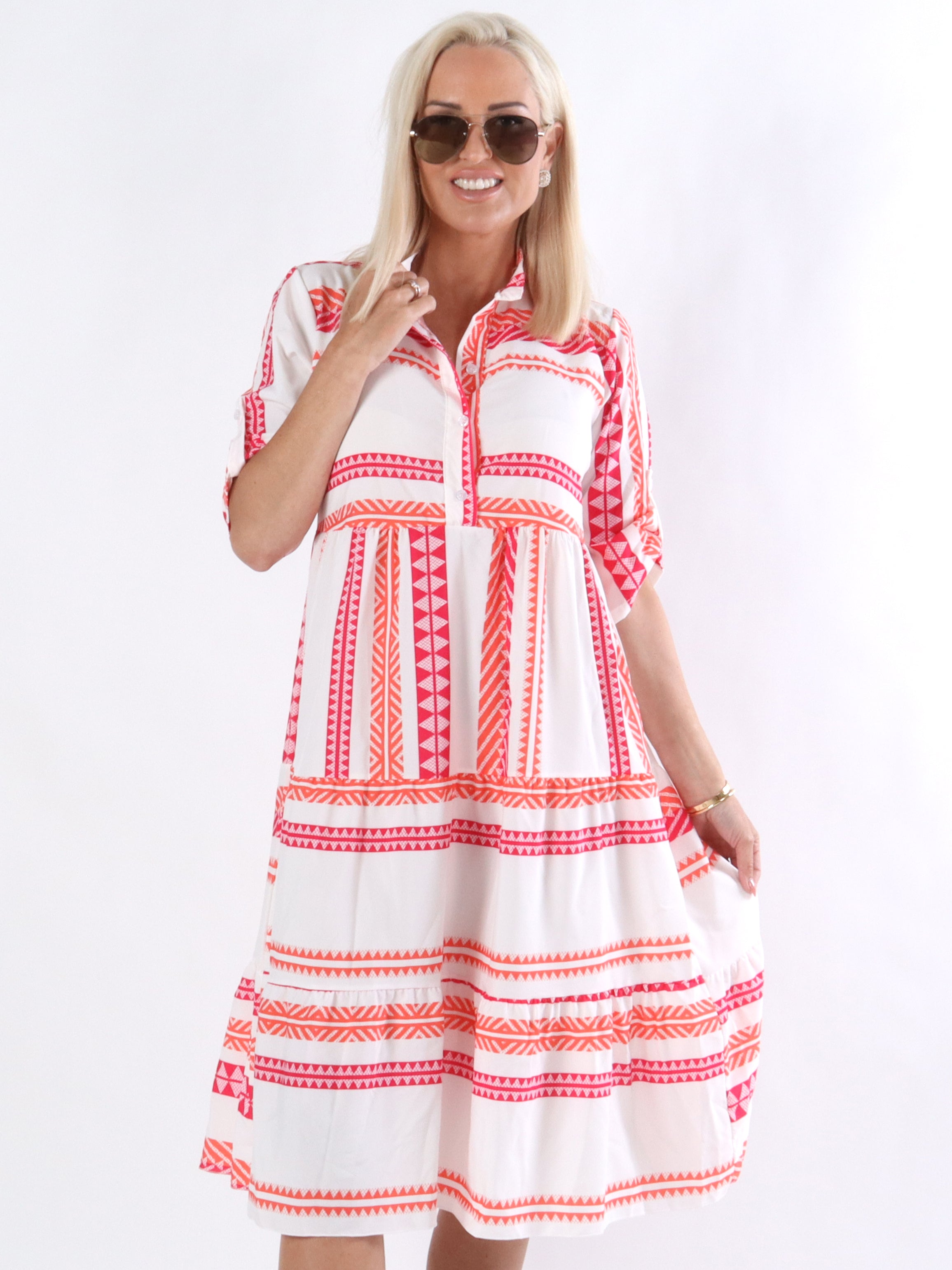 Gabi - Hvid kjole med neonfarvet mønster